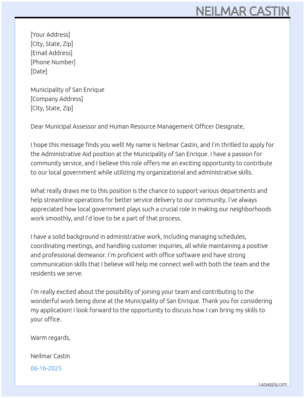 Cover letter for administrative aid - LazyApply