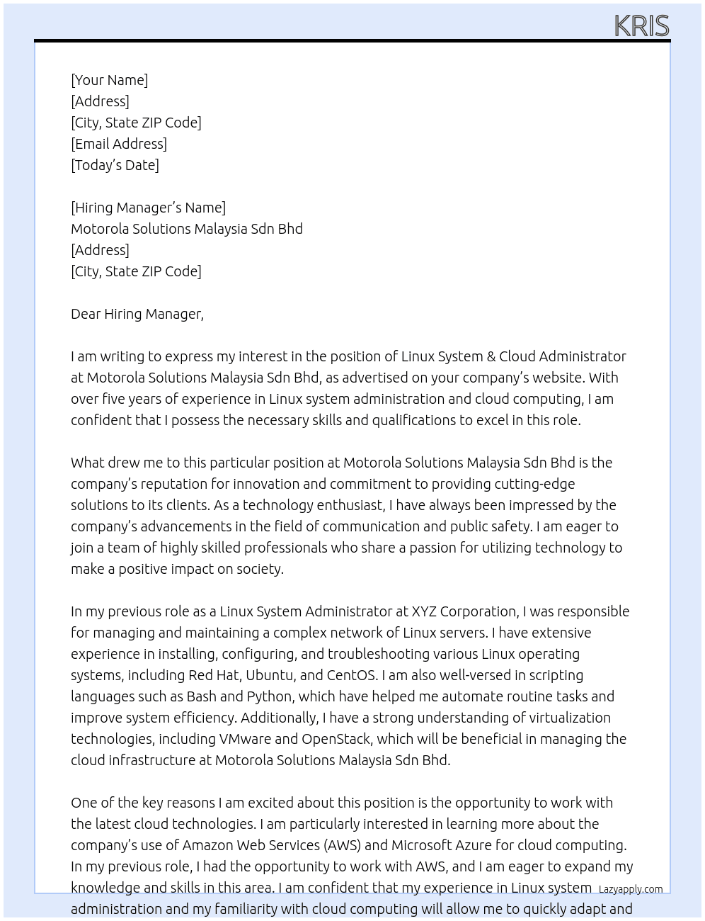 Linux System & Cloud Administrator At Motorola Solutions Malaysia Sdn Bhd Cover Letter