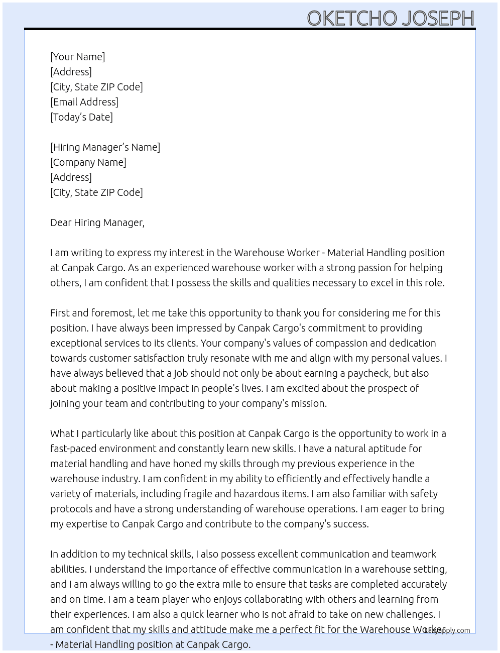 Warehouse worker - material handling At Canpak Cargo Cover Letter