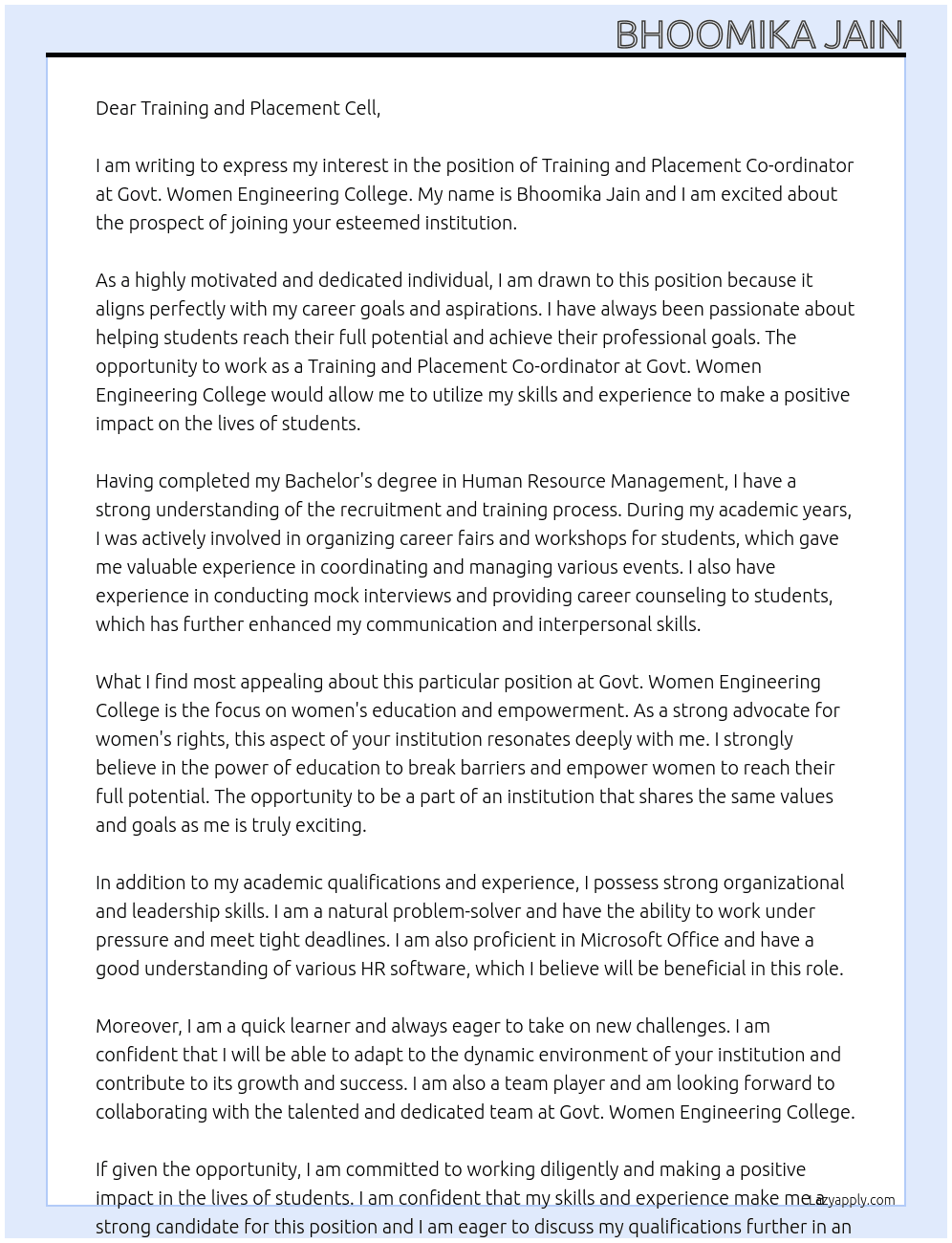 training and placement co-ordinator At Govt. Women Engineering College Cover Letter