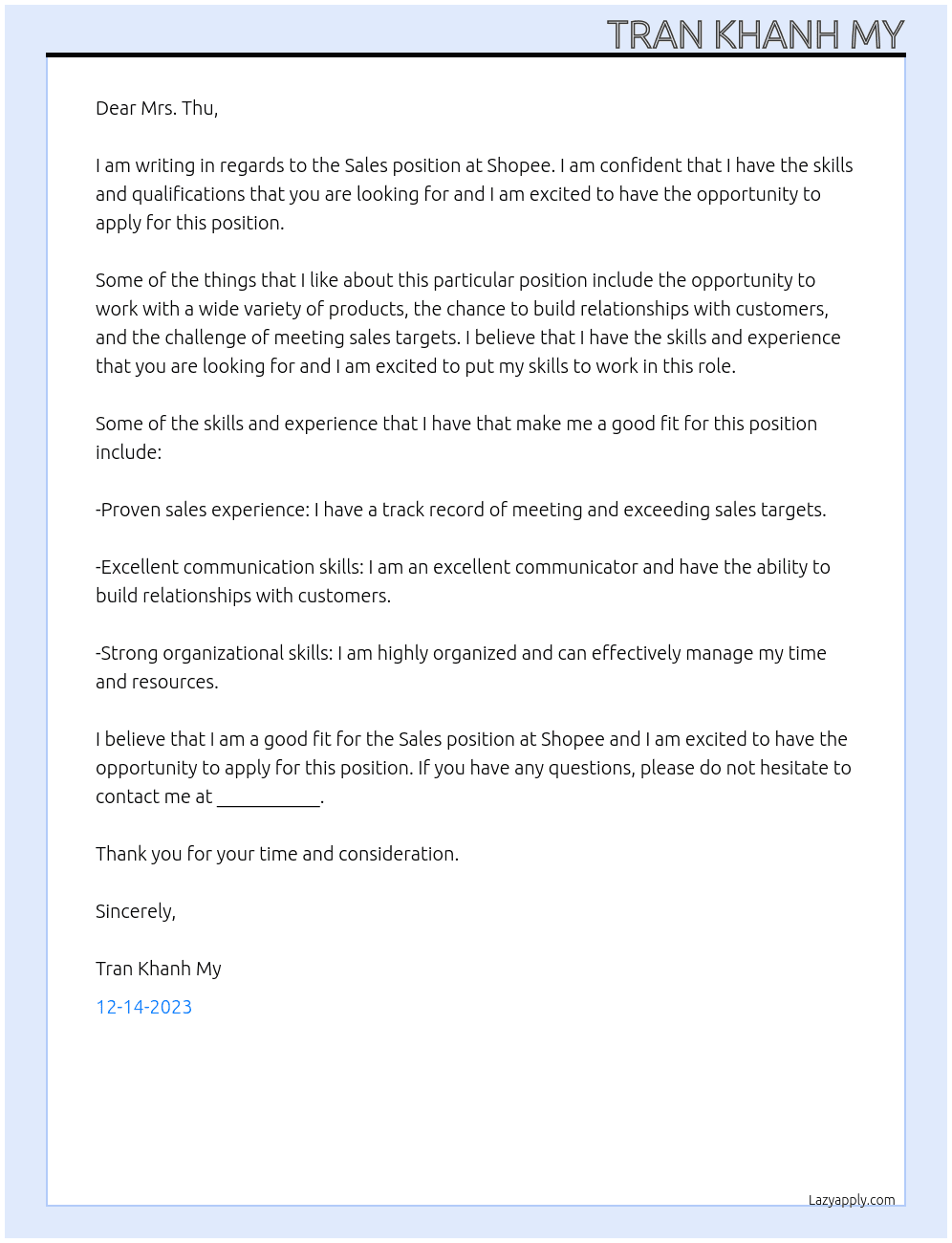 Sales At Shopee Cover Letter
