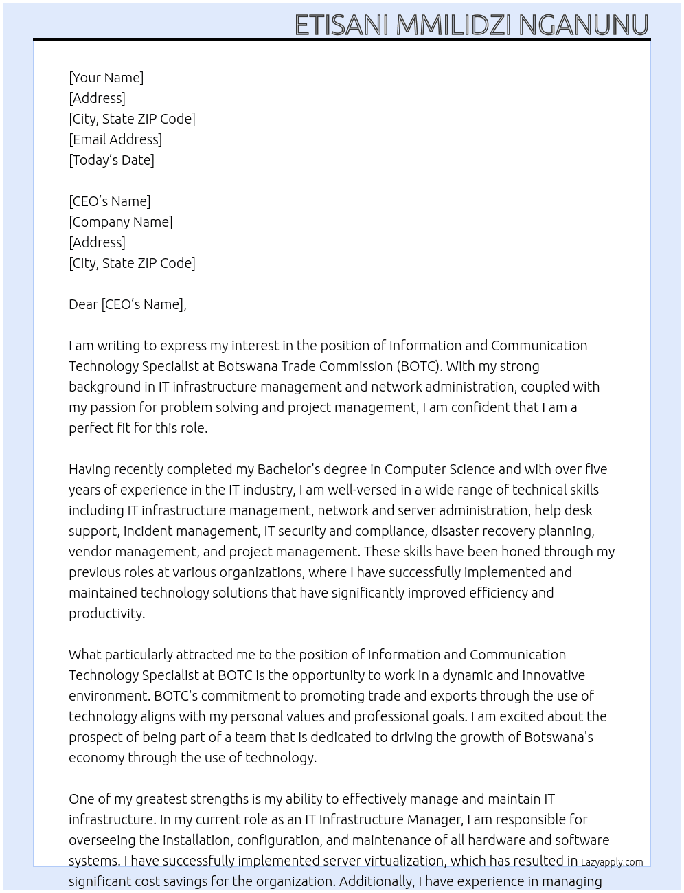 Cover letter for information and communication technology specialist - LazyApply