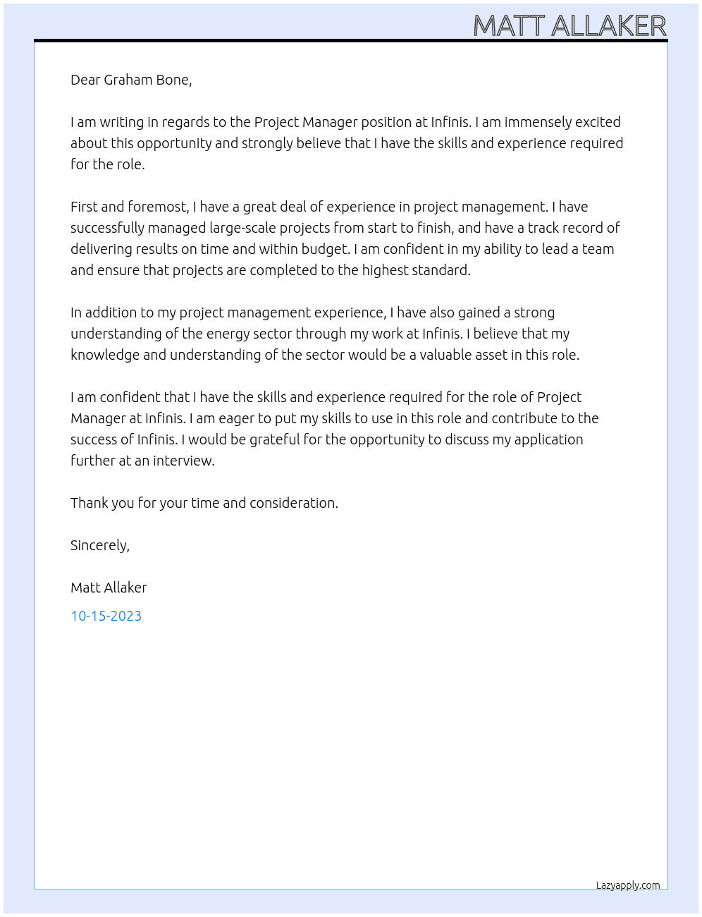 Project Manager At Infinis Cover Letter