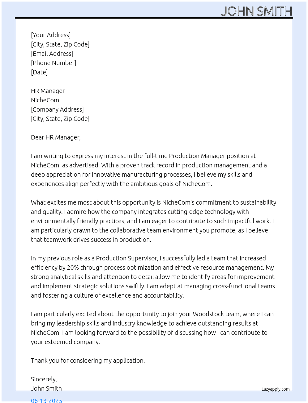 Production Manager At nichecom Cover Letter