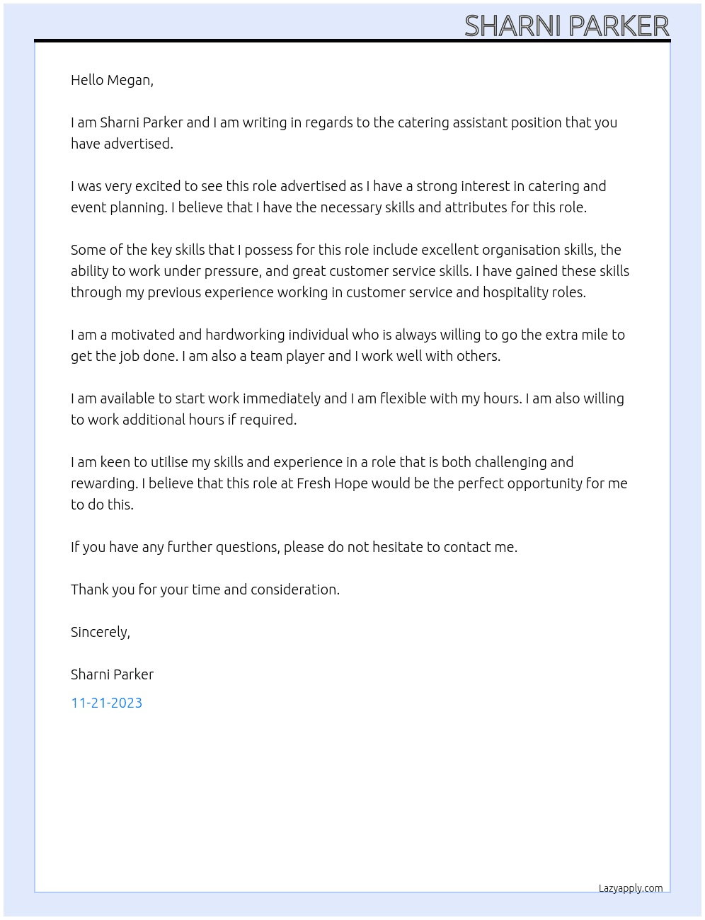 Catering assistant  At Fresh hope Cover Letter