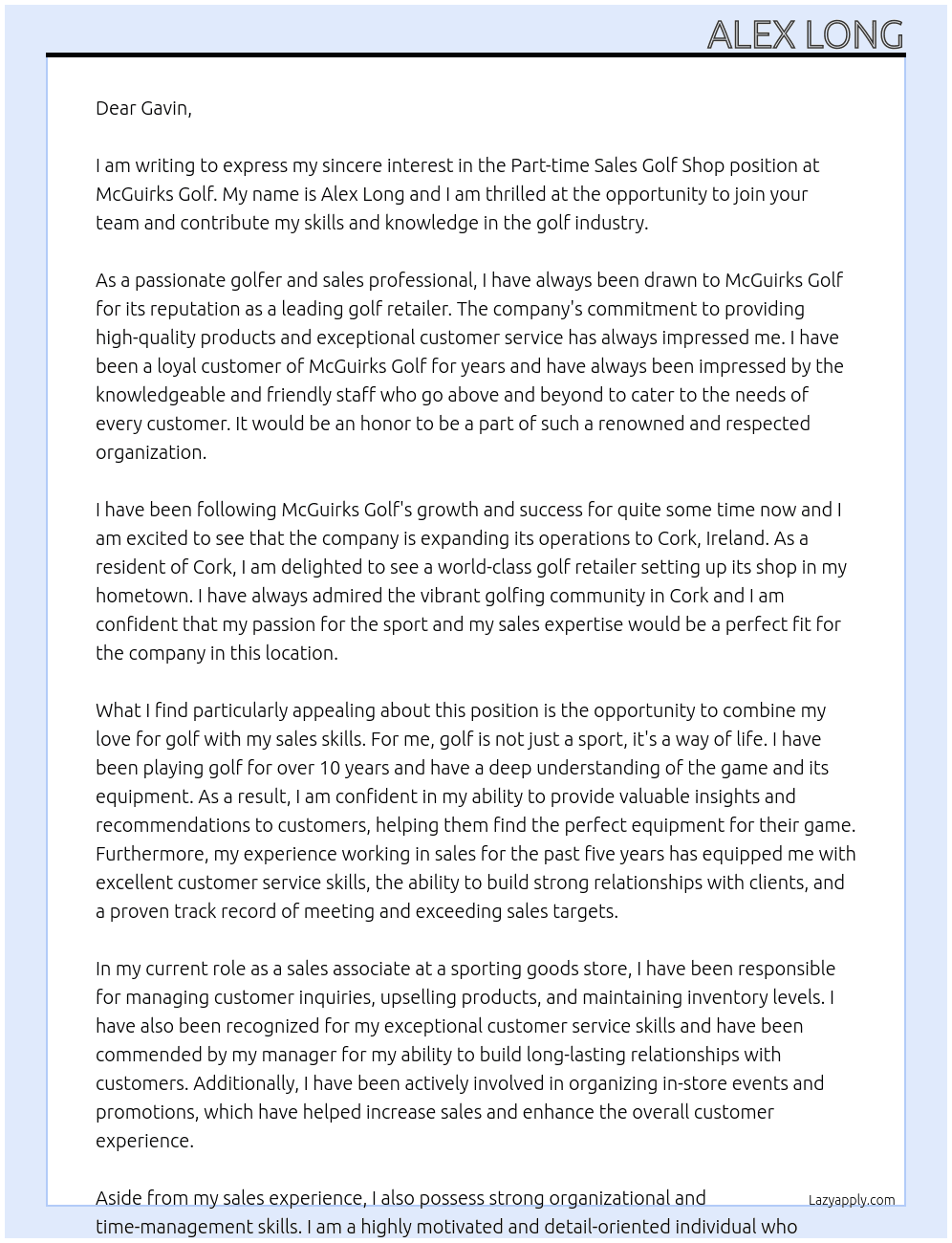 Part time Sales golf shop At McGuirks Golf  Cover Letter