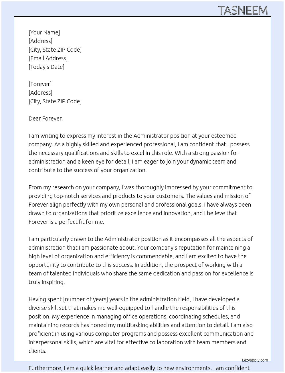 Administrator  At Forever  Cover Letter