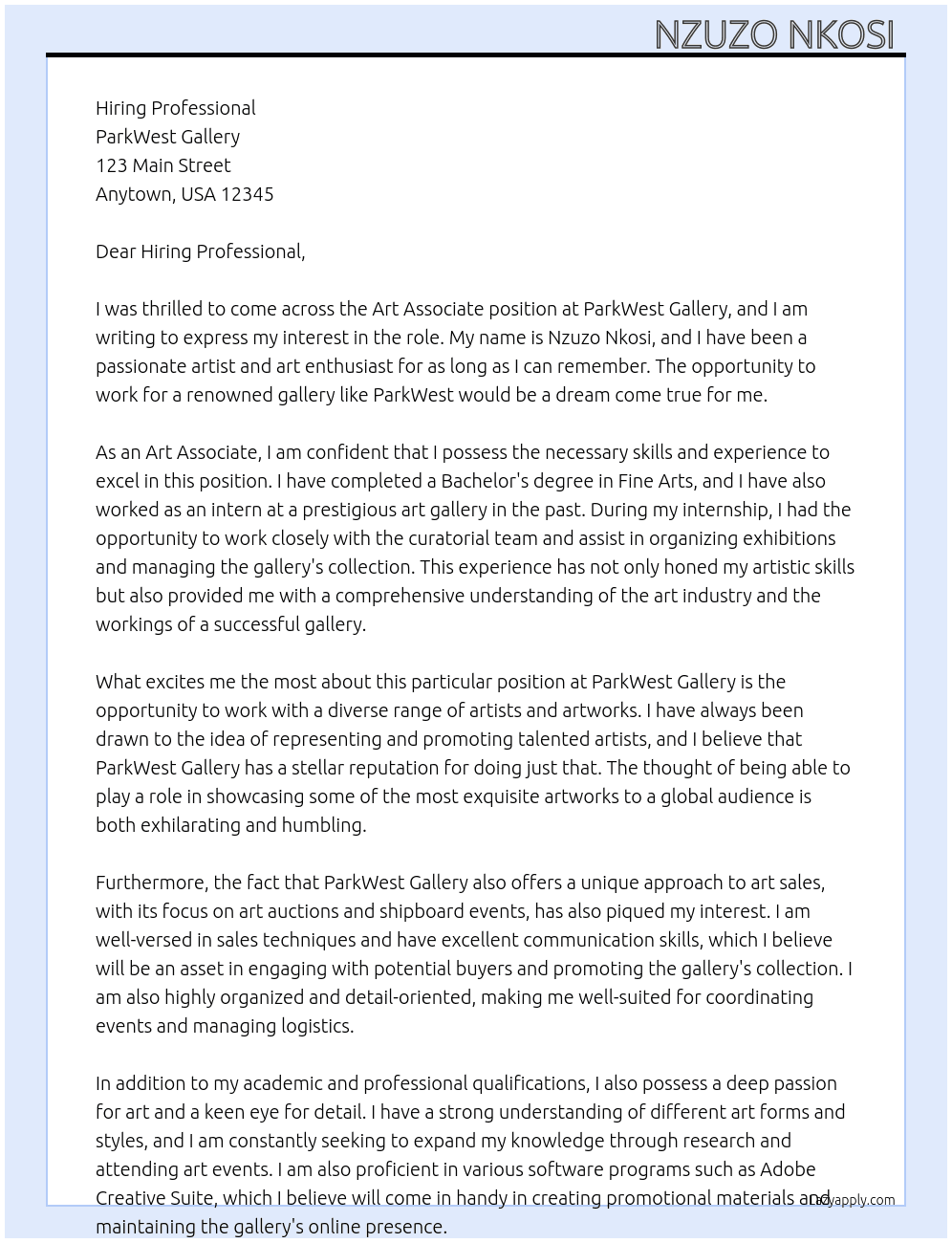 Art Associate  At ParkWest Gallery Cover Letter