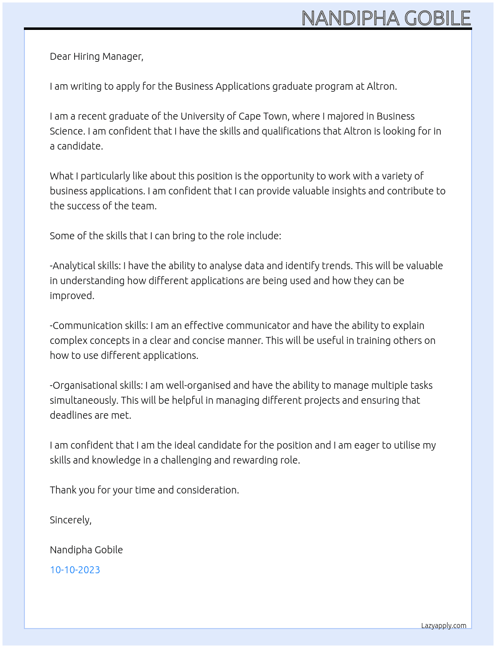 Business applications graduate program At Altron Cover Letter