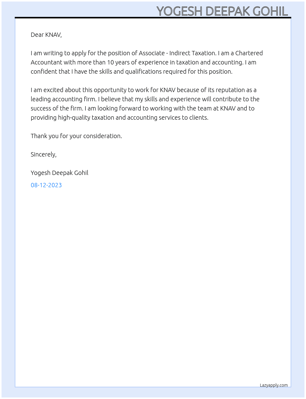 Associate - Indirect Taxation  At KNAV Cover Letter