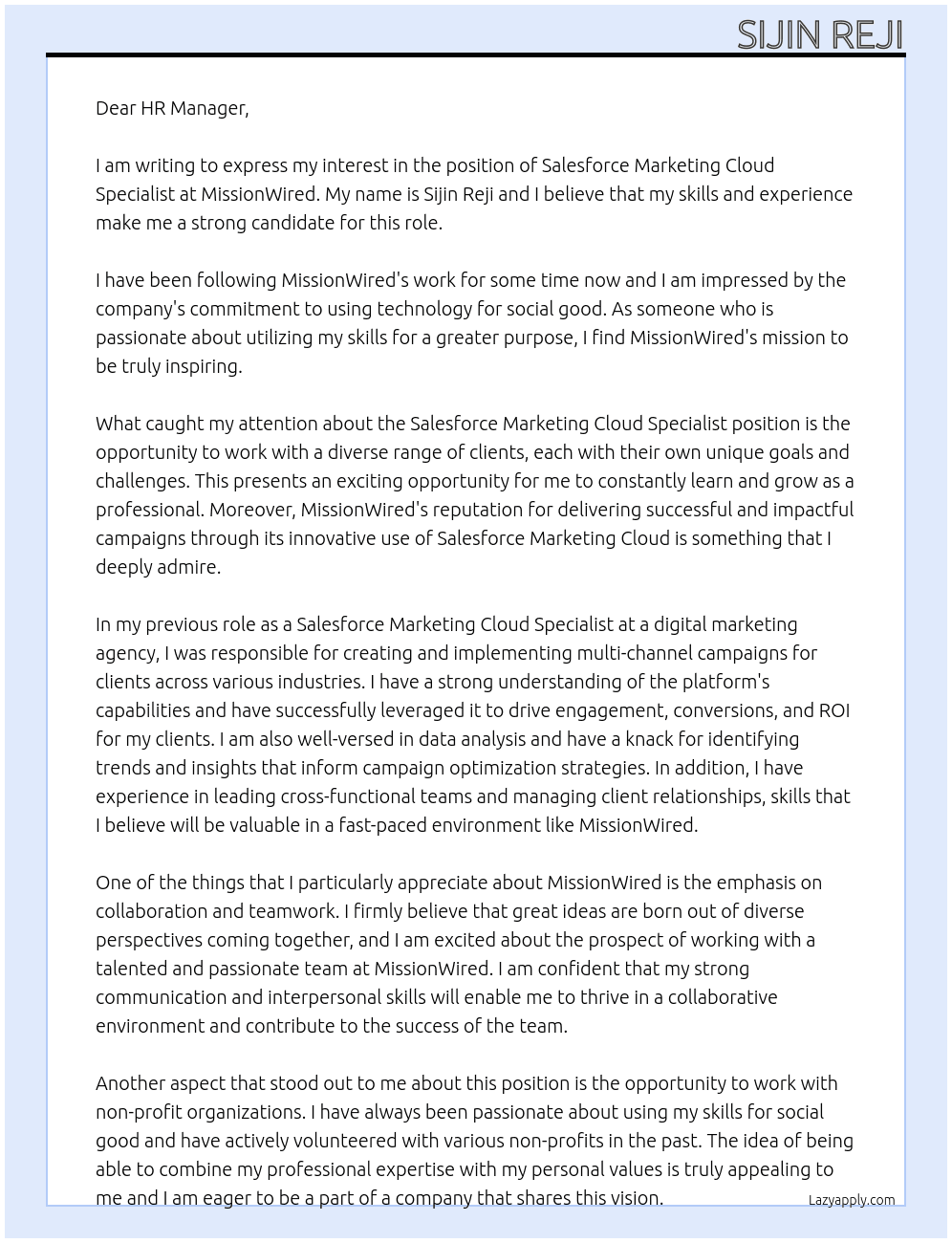 Salesforce Marketing Cloud Specialist At MissionWired Cover Letter