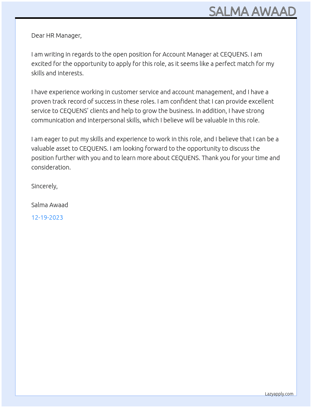 Account Manager At CEQUENS Cover Letter