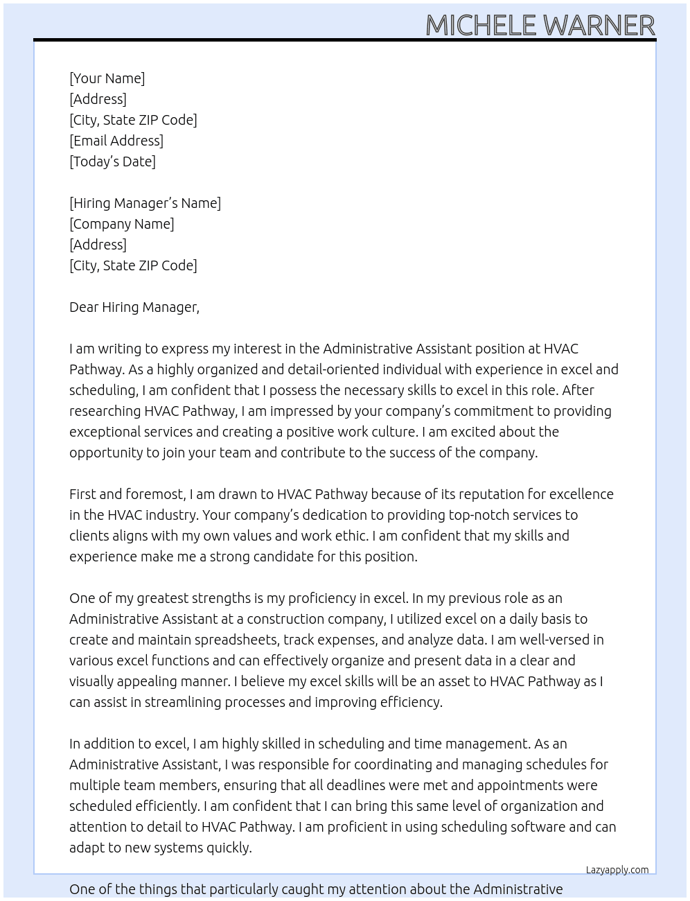 Administrative Assistant At HVAC Pathway Cover Letter