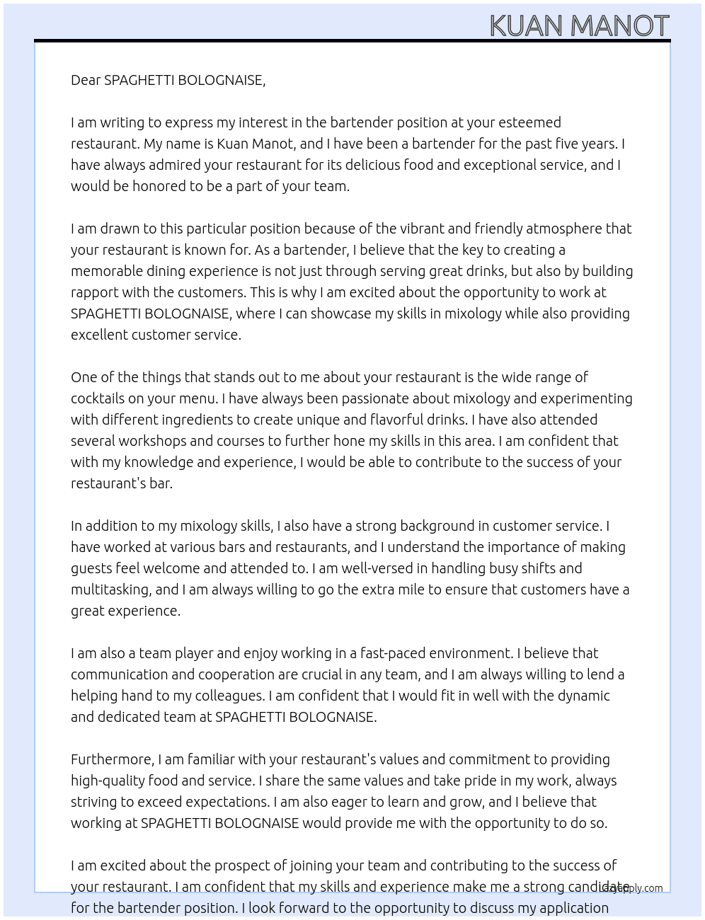 bartender At SPAGHETTI BOLOGNAISE Cover Letter