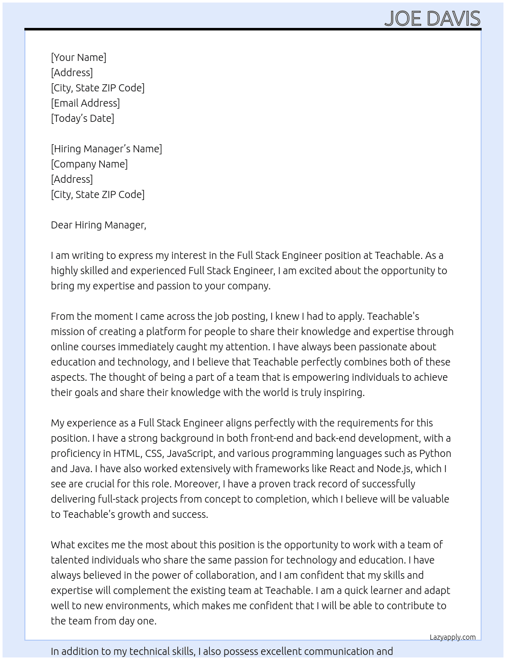 Full Stack Engineer  At Teachable Cover Letter