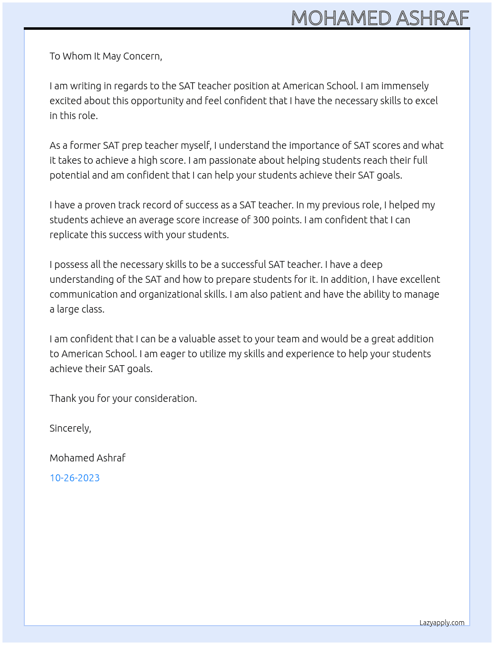 SAT teacher At American School  Cover Letter