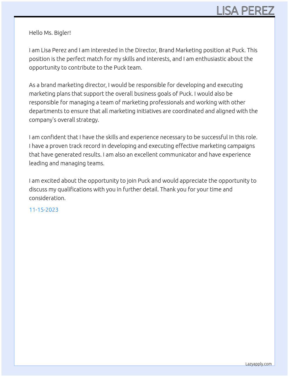Director, Brand Marketing At Puck Cover Letter