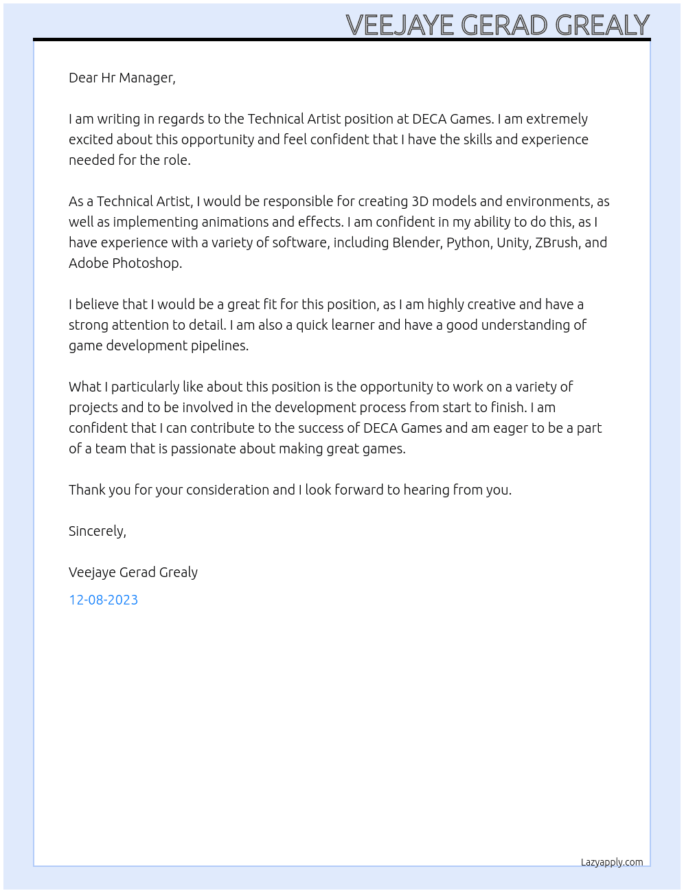 Technical Artist At DECA Games Cover Letter