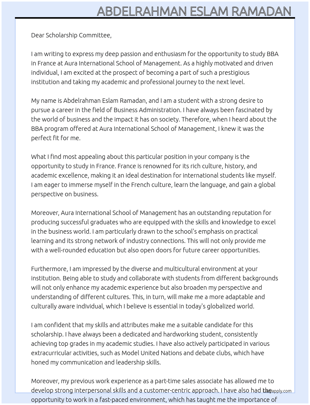 Student At Aura international school of management  Cover Letter