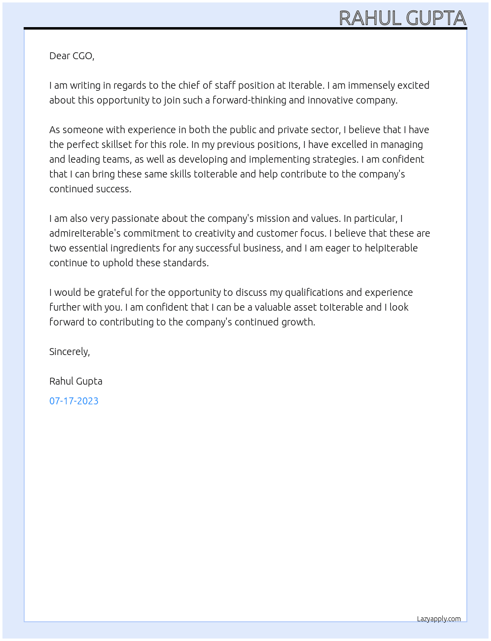 chief of staff At Iterable Cover Letter