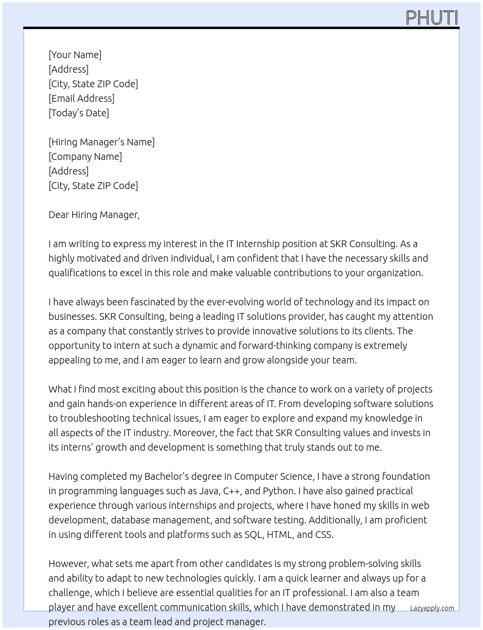 IT INTERNSHIP At SKR CONSULTING Cover Letter