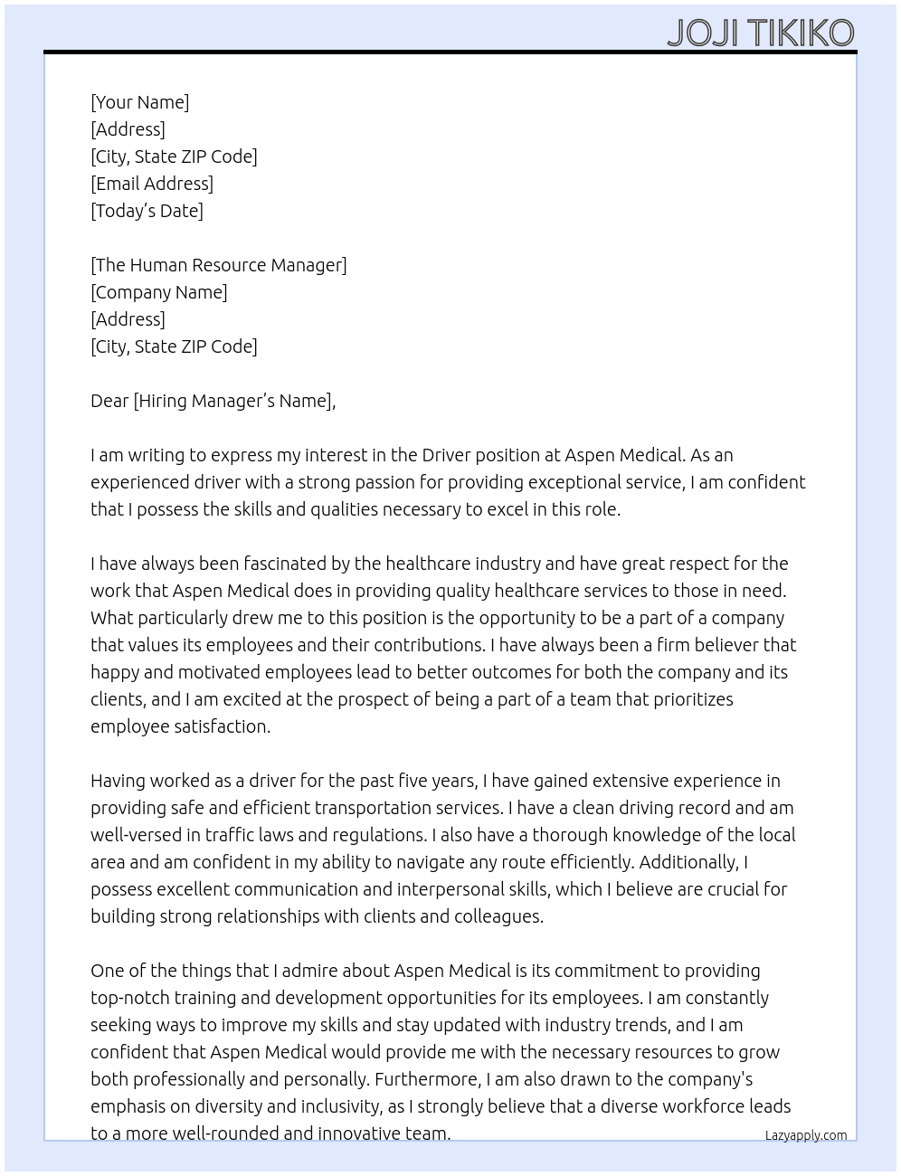 Driver At Aspen Medical Cover Letter