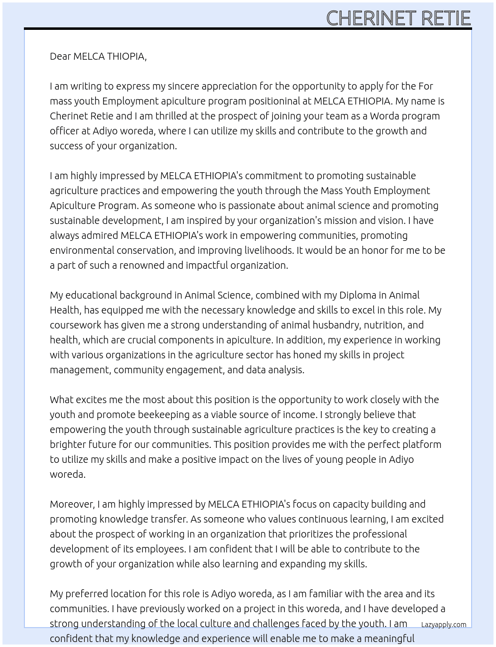  for the job title For mass youth Employment apiculture program positioninal At MELCA ETHIOPIA Cover Letter