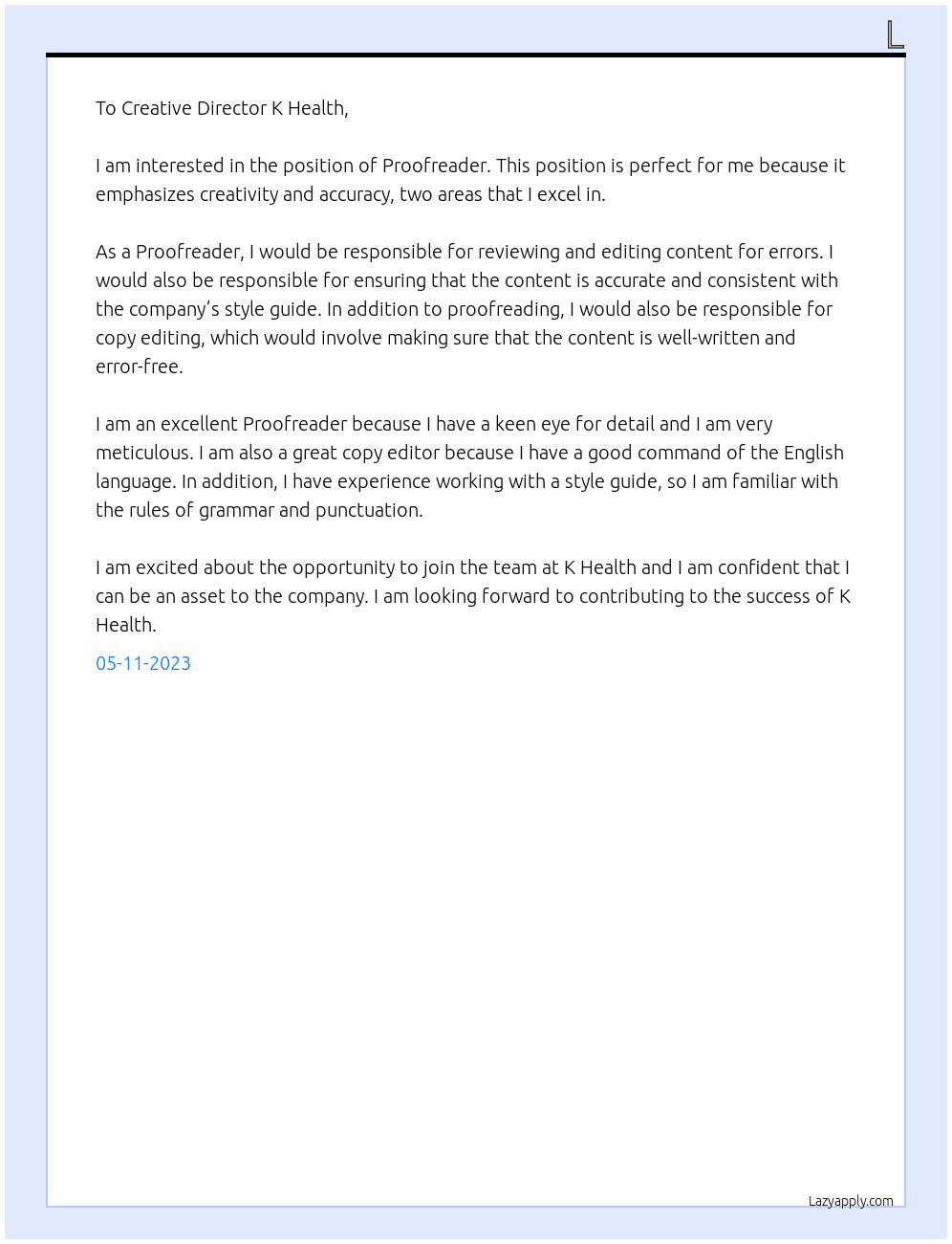 Proofreader At K Health Cover Letter