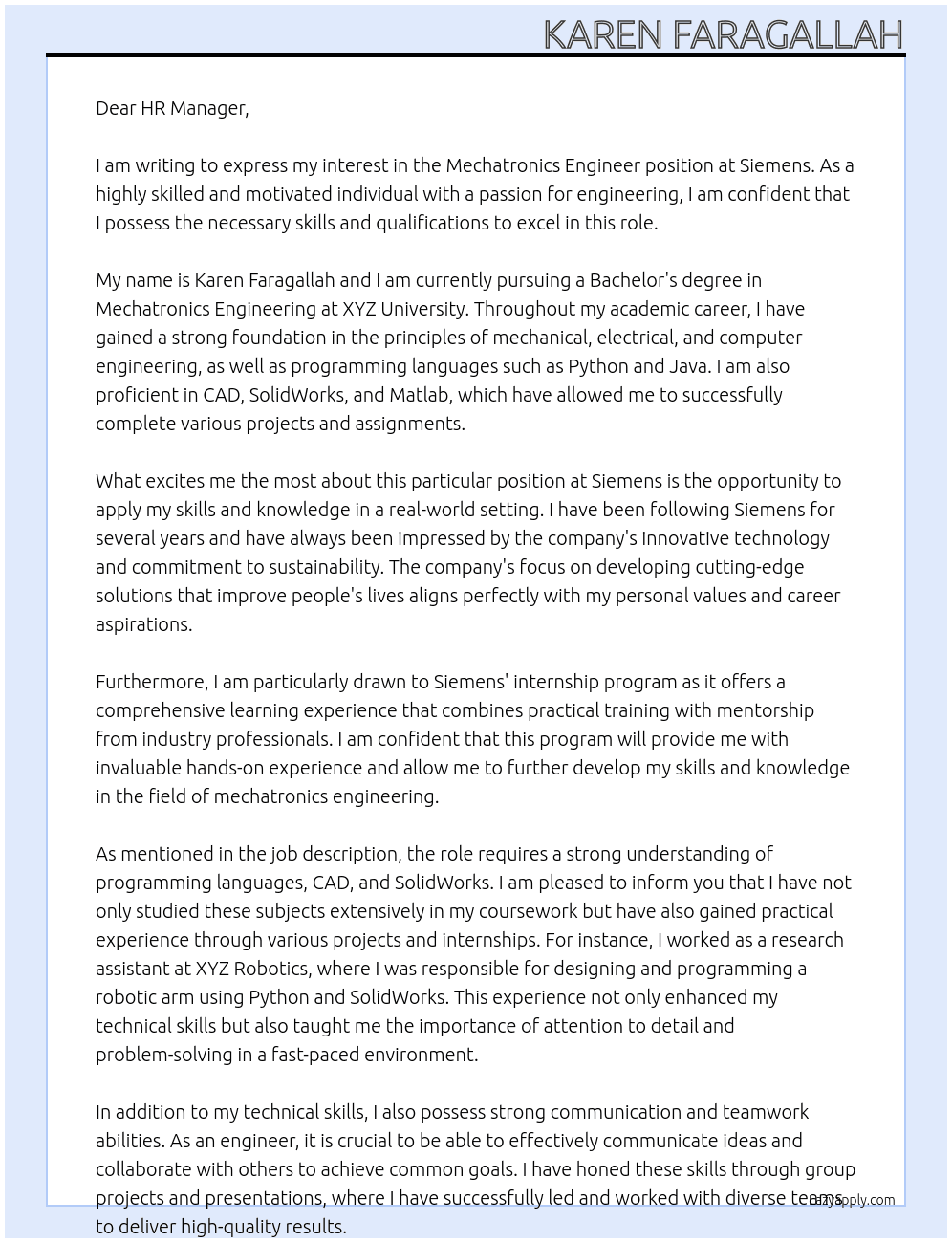 mechatronics engineer At Seimens Cover Letter