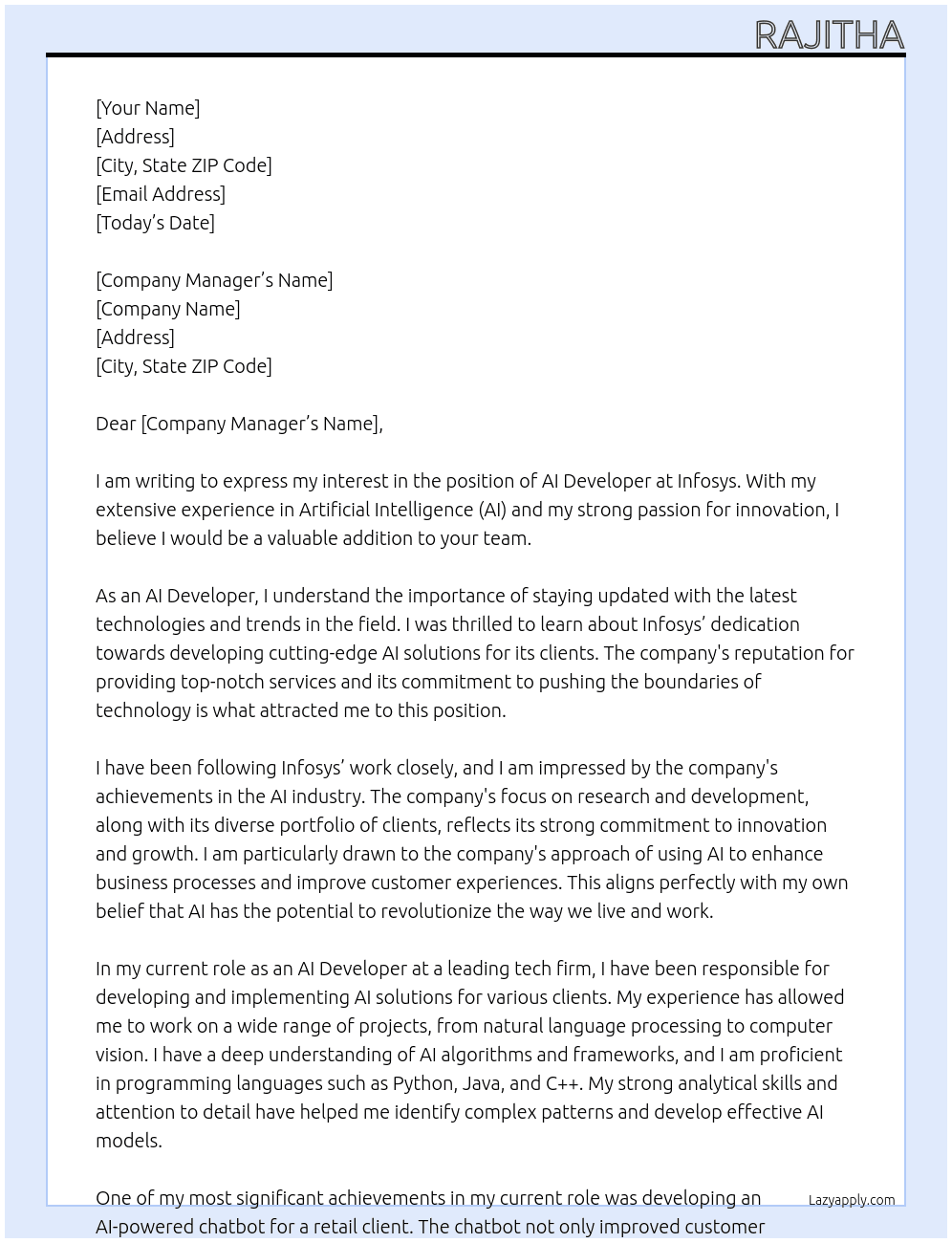 AI developer At Infosys Cover Letter