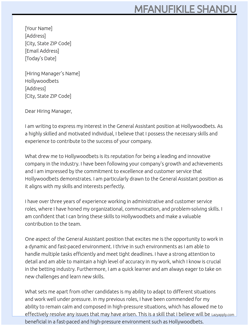 General Assistant At Hollywoodbets Cover Letter