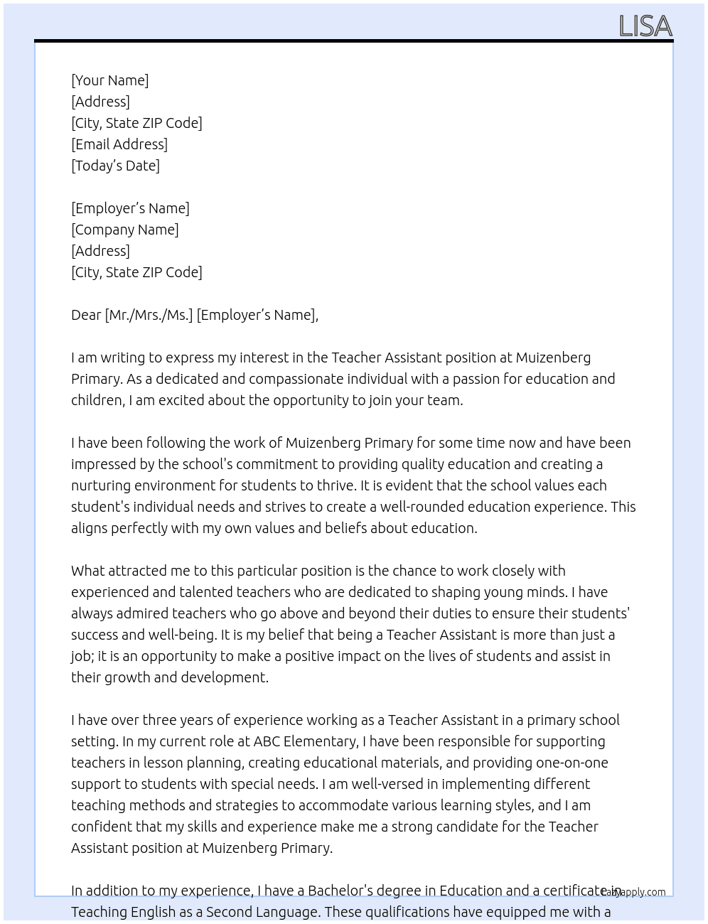 Teacher Assistant At Muizenberg primary Cover Letter