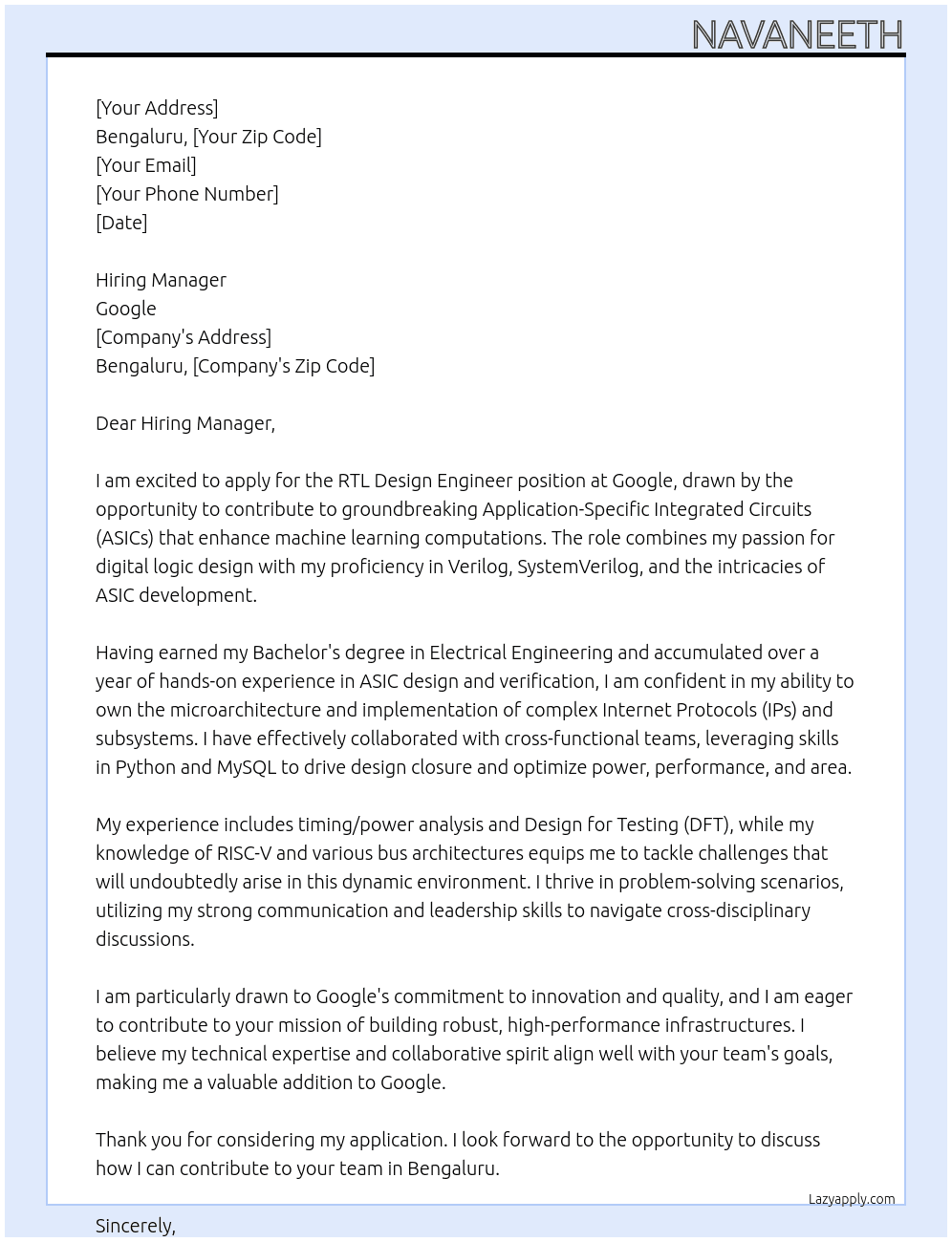 Cover letter for rtl design engineer - LazyApply
