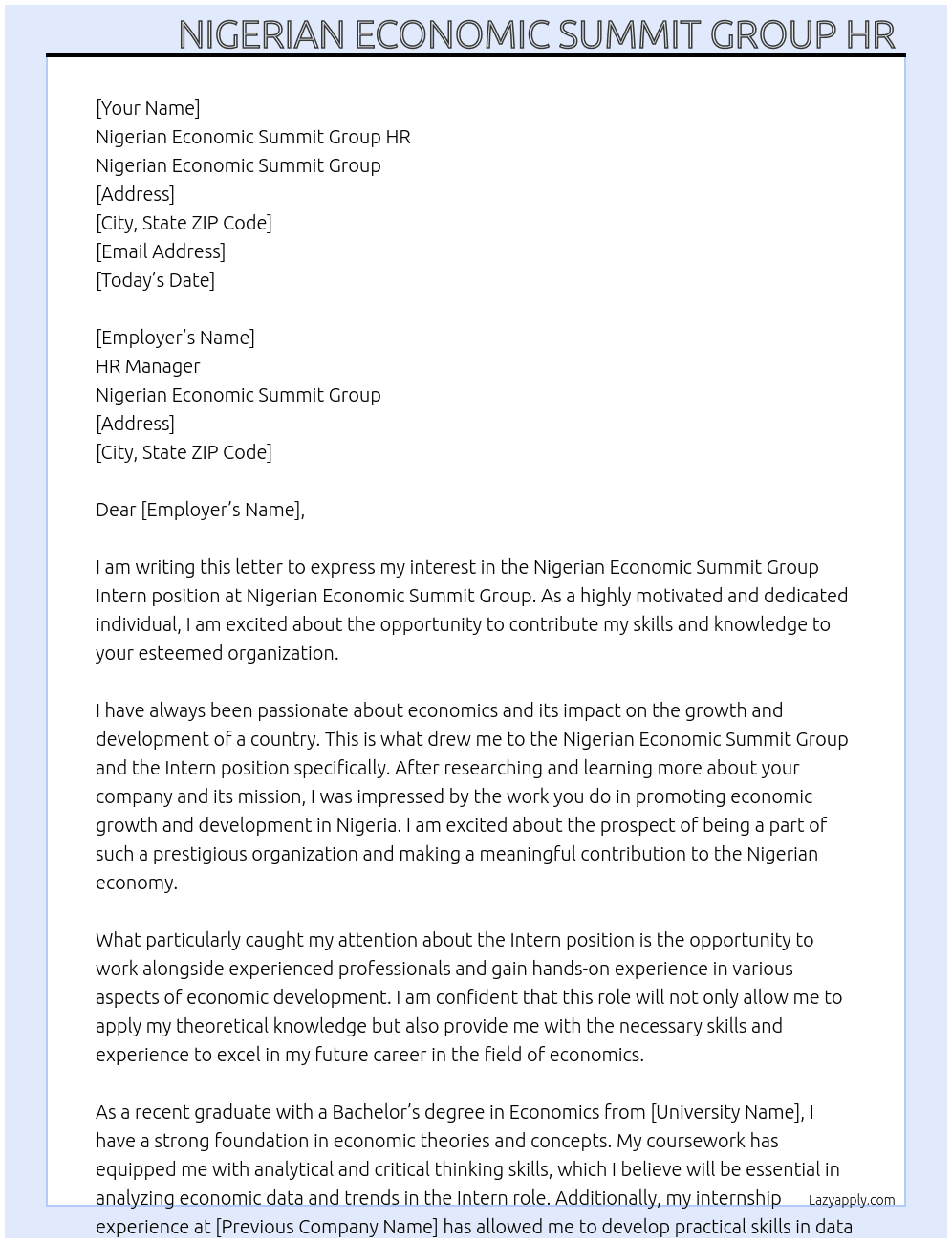 Nigerian Economic Summit Group Intern At Nigerian Economic Summit Group Cover Letter