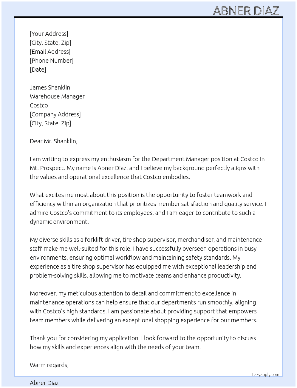 Department manager  At Costco  Cover Letter