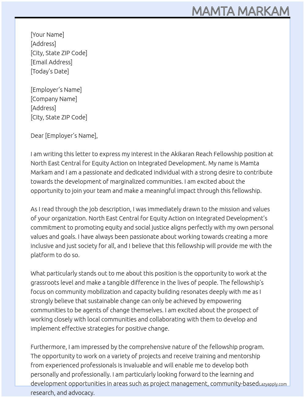 Akikaran reach fellowship At North East central for equity action on integrated development Cover Letter