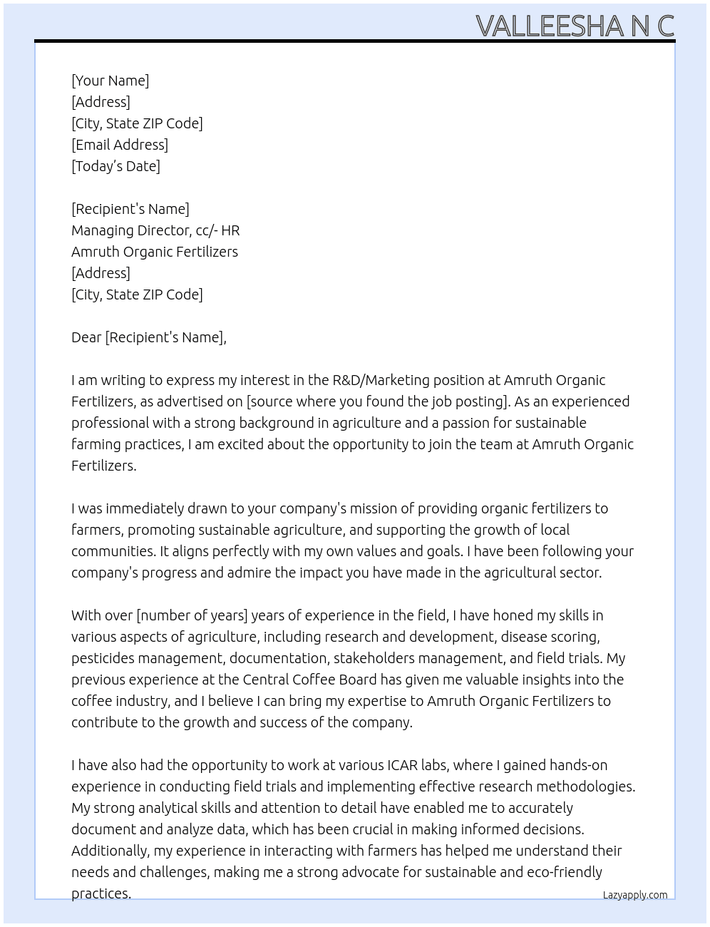 R&D, / Marketting At Amruth organic fertilizers  Cover Letter
