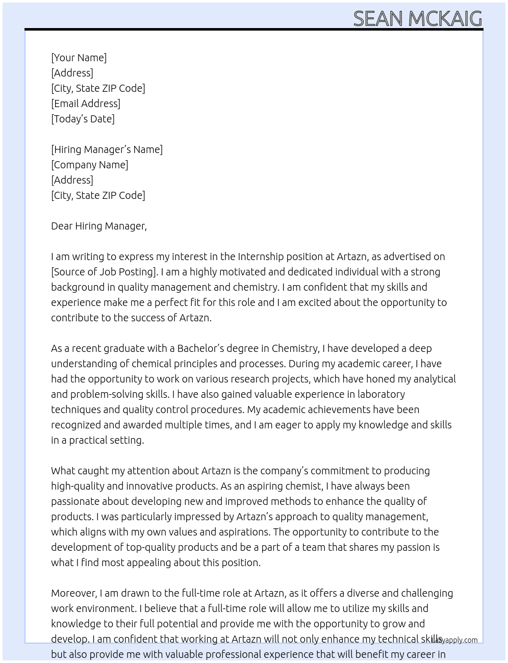Internship At Artazn Cover Letter