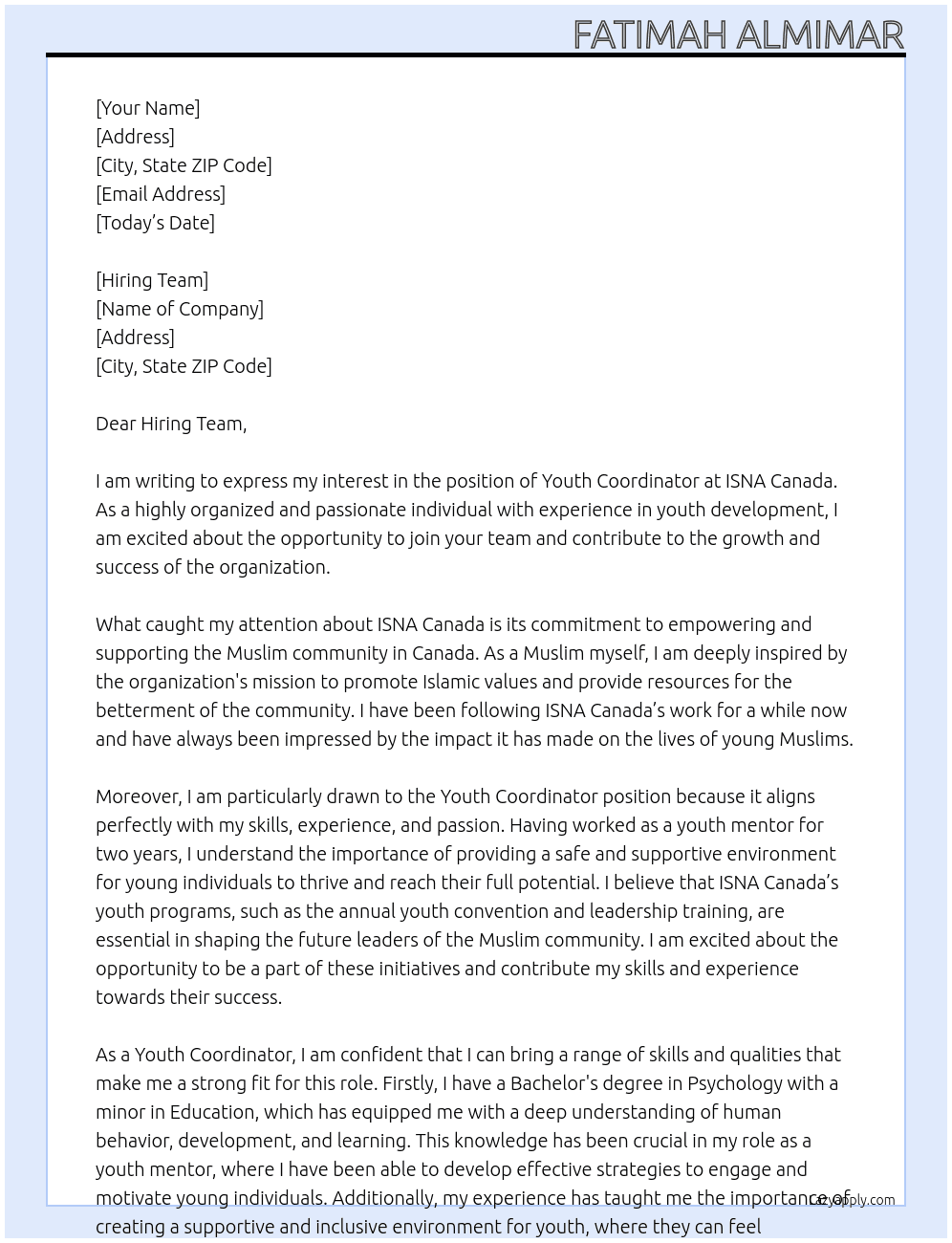 Youth Coordinator At ISNA Canada Cover Letter