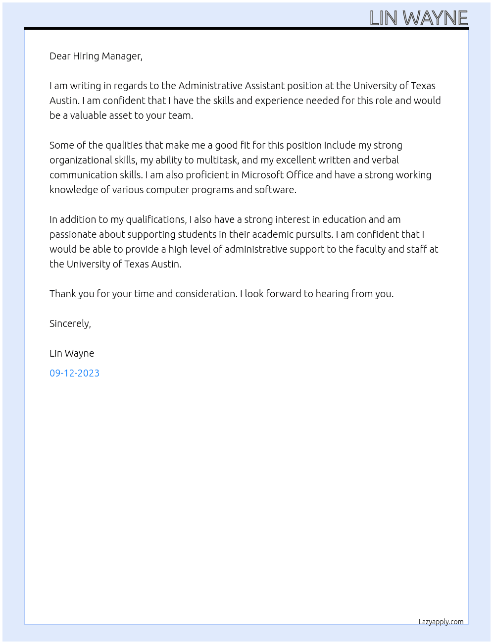 Administrative Assistant At University of Texas Austin Cover Letter