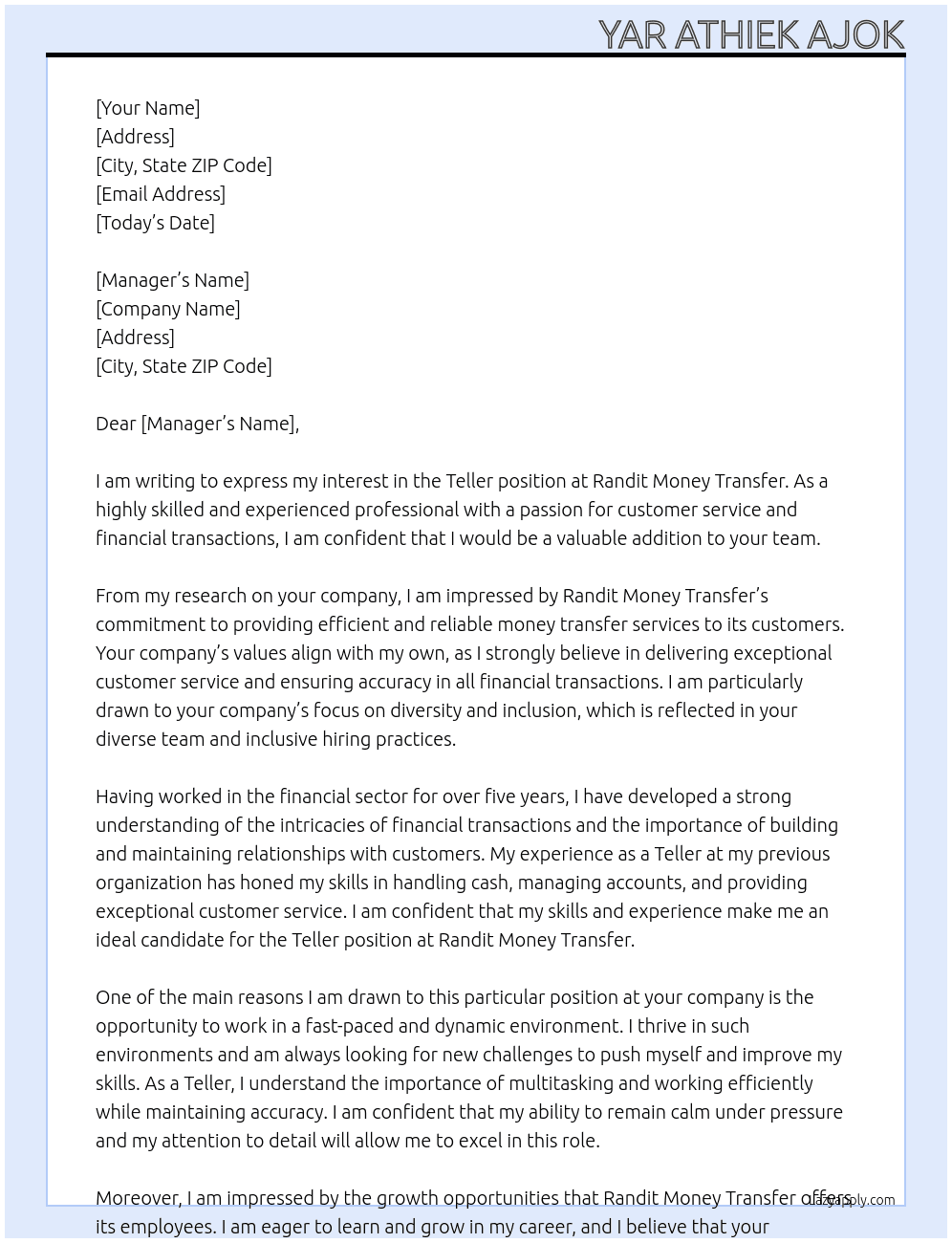 Teller At Randit Money Transfer  Cover Letter