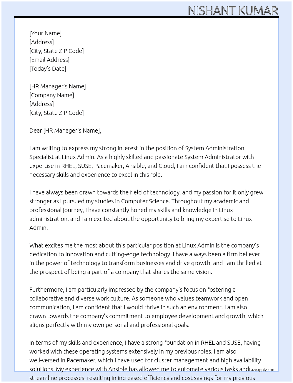System Administration Specialist  At Linux Admin Cover Letter