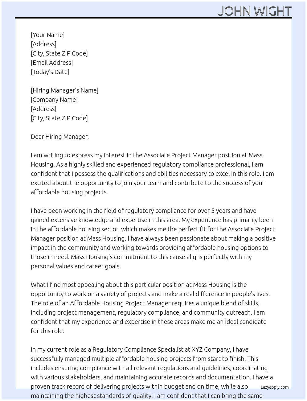 Associate Project Manager At Mass Housing  Cover Letter