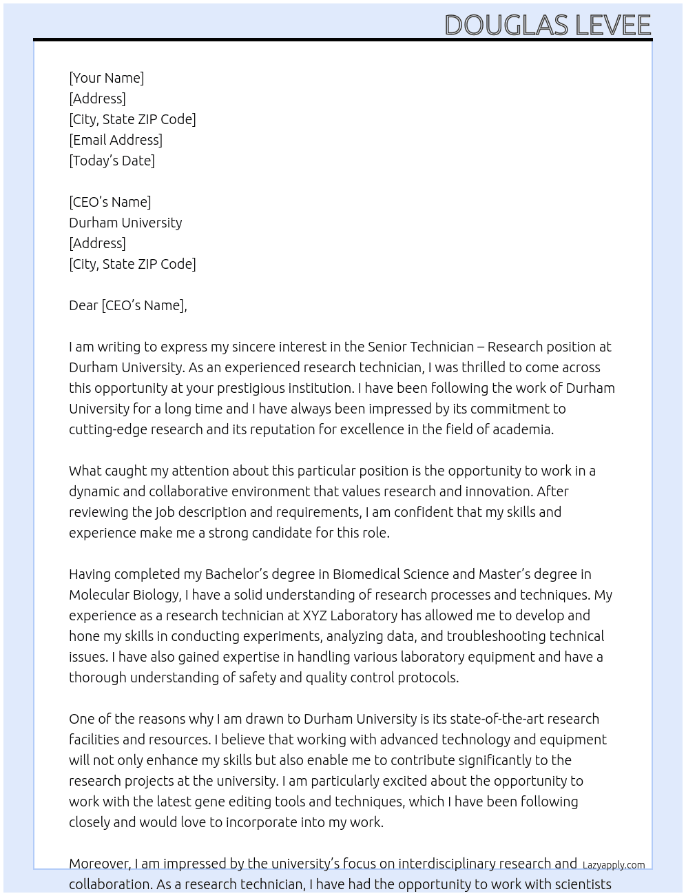 Senior Technician - Research At Durham University Cover Letter