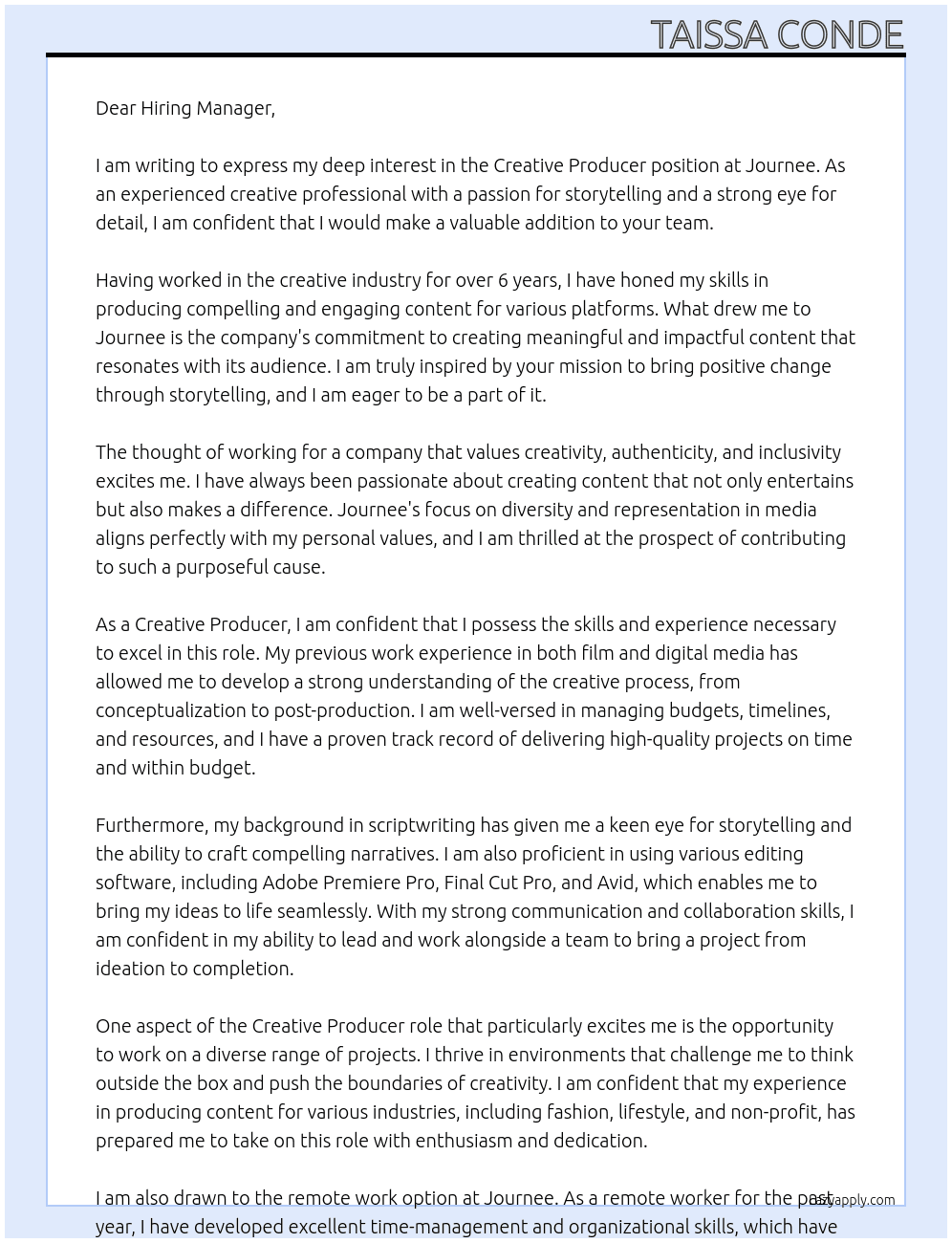 Creative Producer At Journee Cover Letter