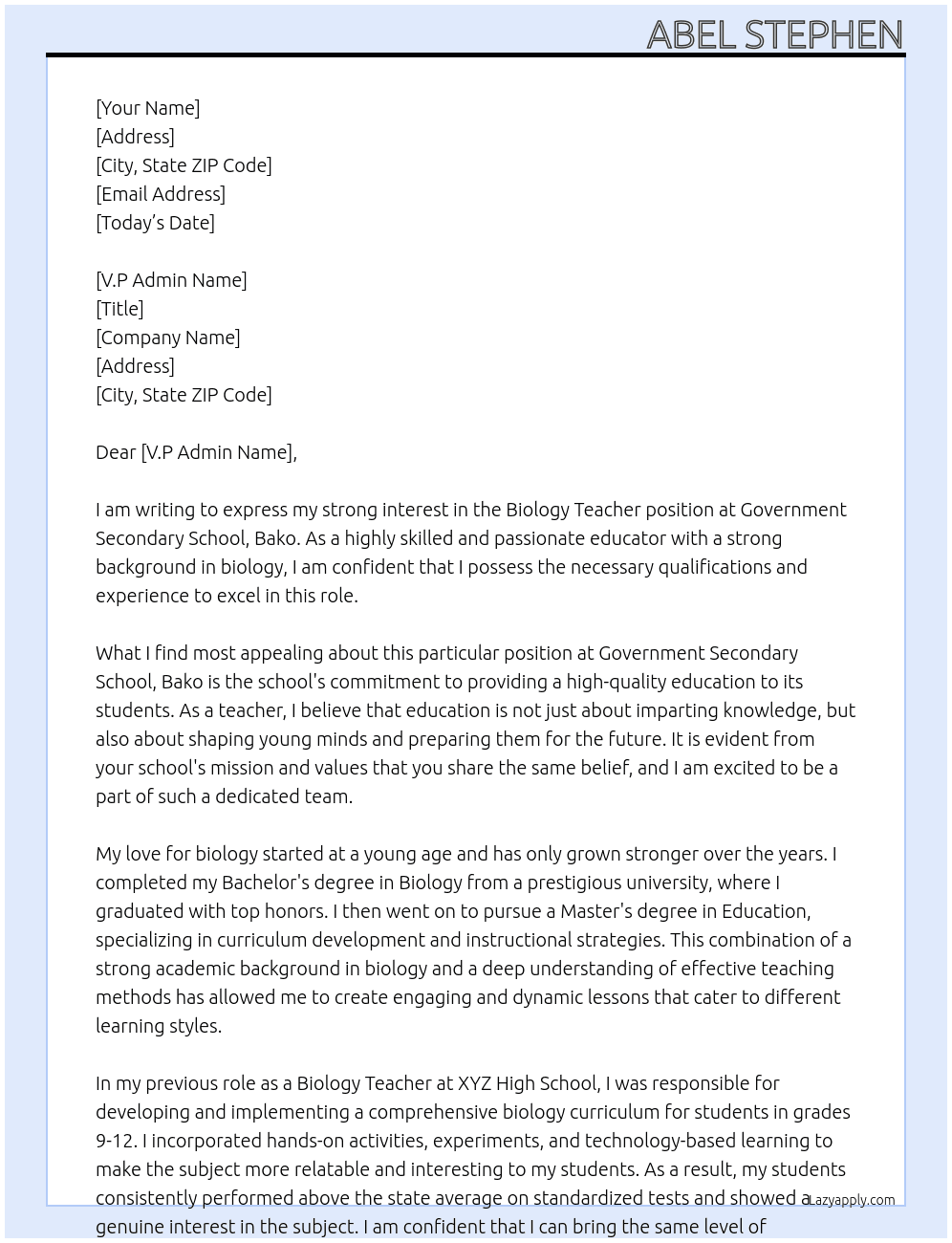 Biology Teacher At Government Secondary School, Bako Cover Letter