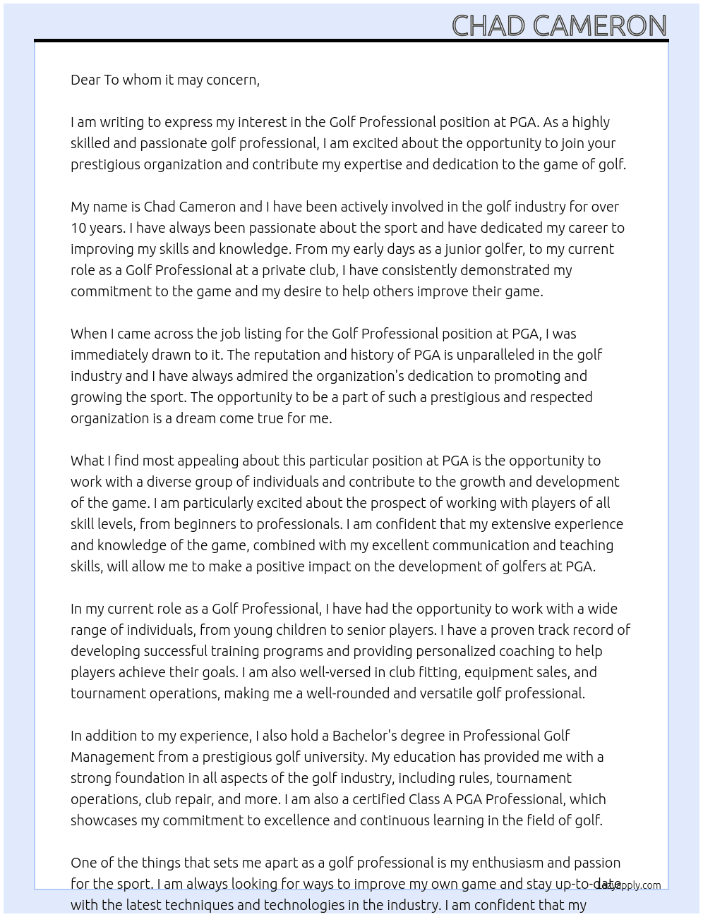 Cover letter for golf professional - LazyApply