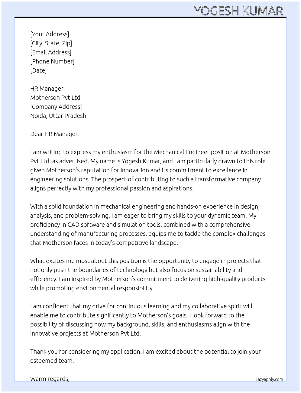Mechanical engineering  At Motherson pvt ltd , Cover Letter