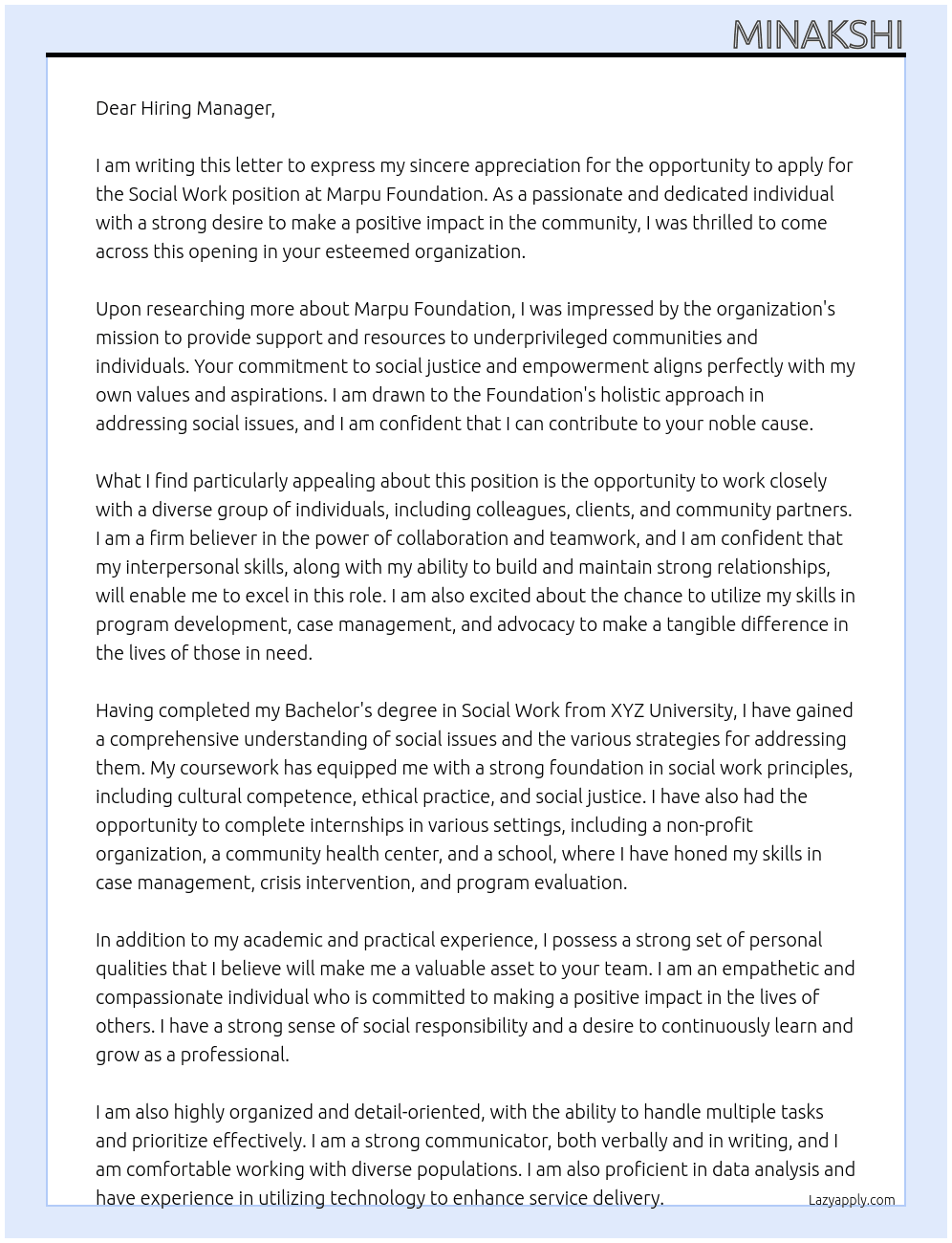 Social work At Marpu Foundation Cover Letter