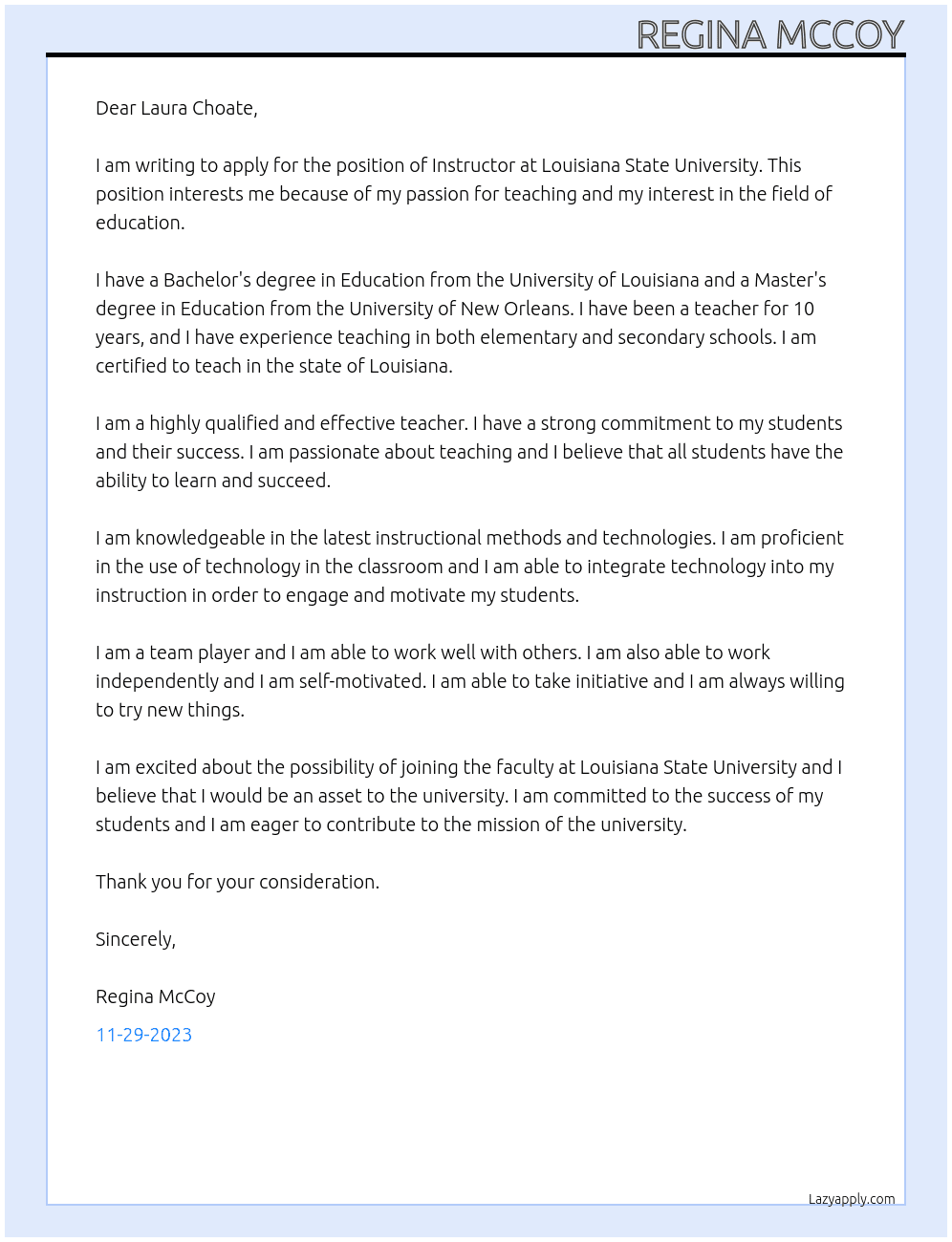 Instructor At Louisiana State University Cover Letter